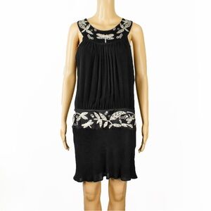 Catherine Malandrino Black Silk Plisse Bodice Butterfly Embroidered Collar Dress